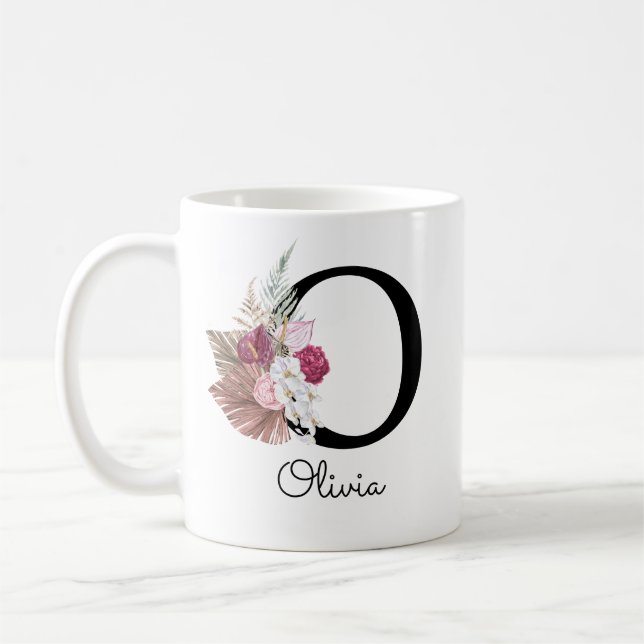 Mug Broderie Rose Boho Fleur Initiale O (Gauche)