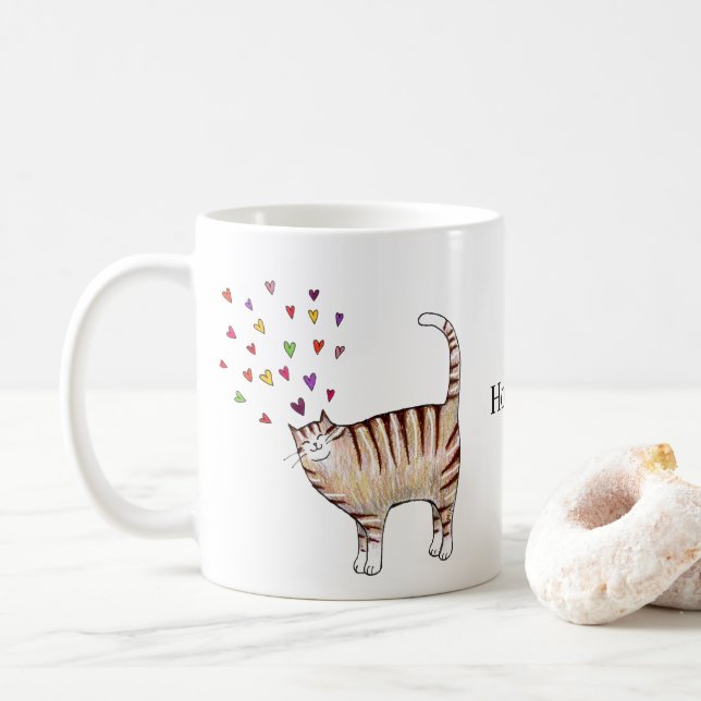 Mug Brown Tabby Cat with Hearts Custom Name  (Avec donut)