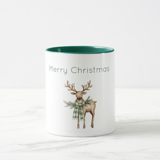 Mug Brun Crème Vert Cerf Noël Rustique (Centre)