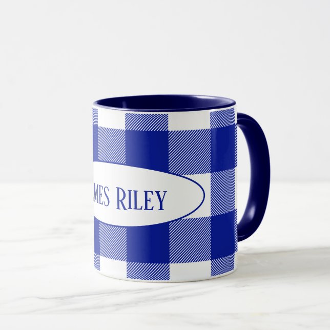 Mug buffle bleu et blanc plaid de nom (Devant droit)