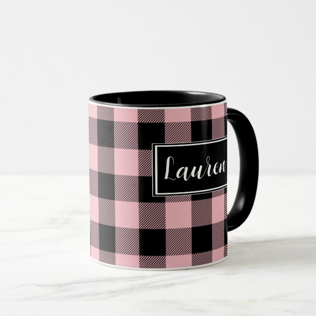 Mug Buffle rose Personnalisé Vérifier la Musique Plaid (Devant droit)