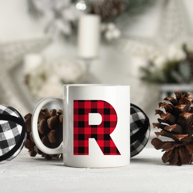 Mug Buffle rouge et noir Plaqué en gras Lettre R Monog (Letter R Monogram Christmas Coffee Cup)