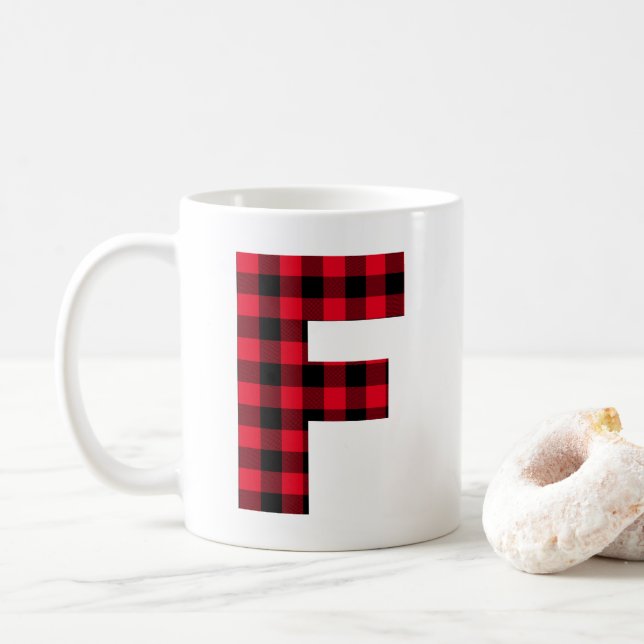 Mug Buffle rouge et noir plaqué Gras Lettre F Monogram (Avec donut)