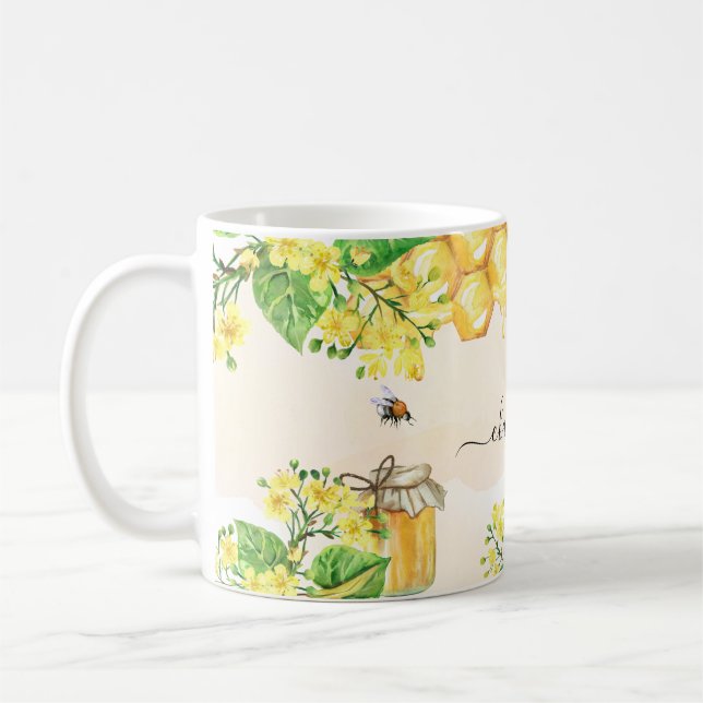 Mug Bumble abeilles miel fleurons jaunes nom script (Gauche)