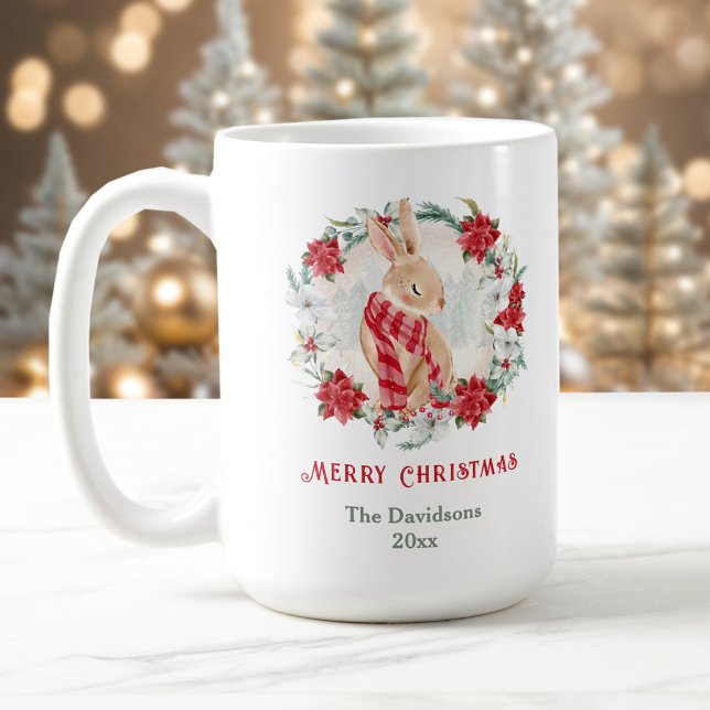 Mug Bunny Poinsettia Aquarelle Nom Musique de Noël (Bunny Poinsettia Watercolor Name Christmas Mug)
