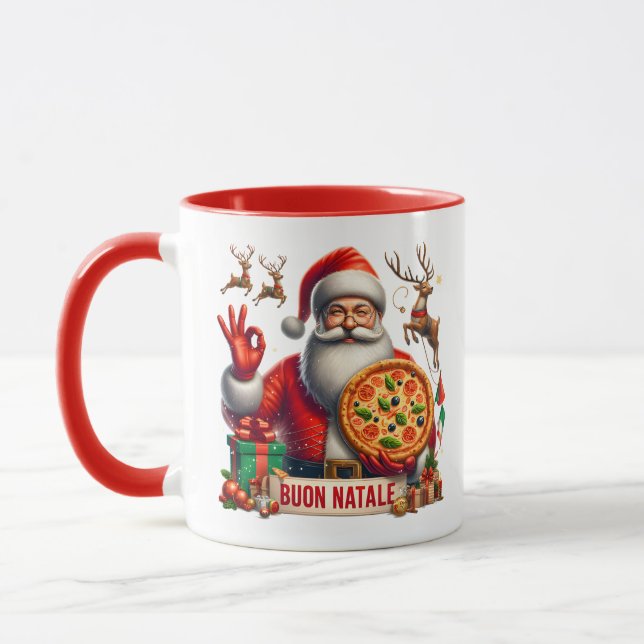 Mug Buon Natale Italian Santa with Pizza & Reindeer  (Gauche)