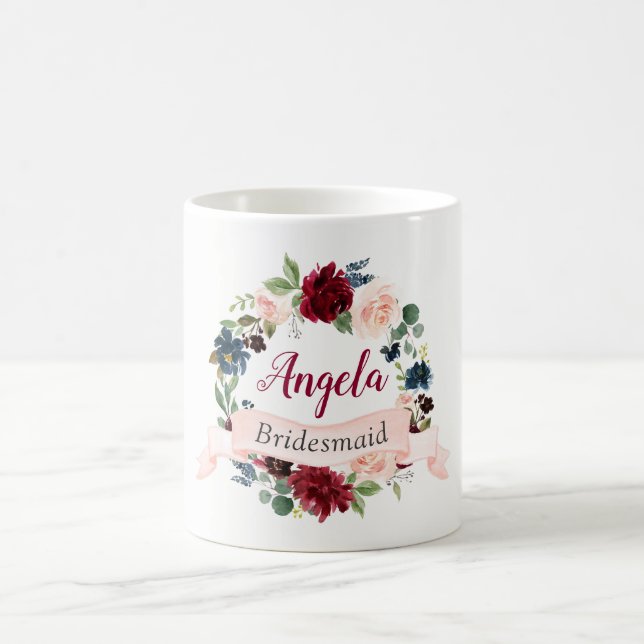 Mug Burgundy Blush Blue Floral Wreath Bridesmaid Favor (Centre)