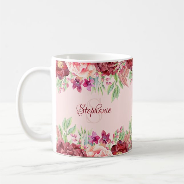 Mug Burgundy Blush Floral Aquarelle Nom (Gauche)