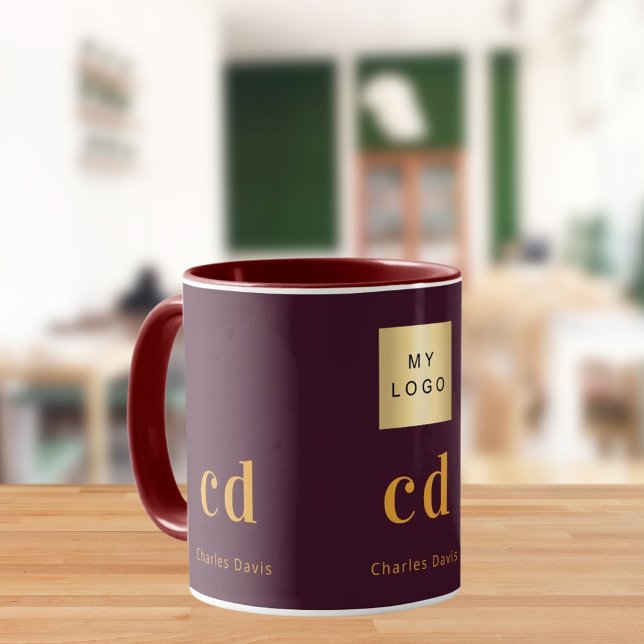 Mug Burgundy gold monogram name business logo (Créateur téléchargé)