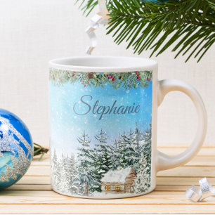 Mug Cabine d'hiver dans les bois Noël personnalisé
