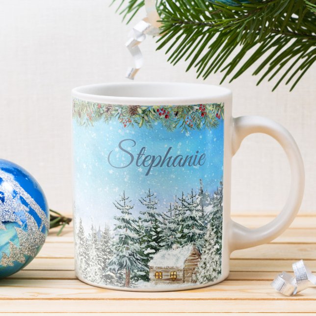 Mug Cabine d'hiver dans les bois Noël personnalisé (Créateur téléchargé)
