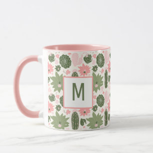 Mug Cactus Vert Rose Cute Succulents Avec Monogramme