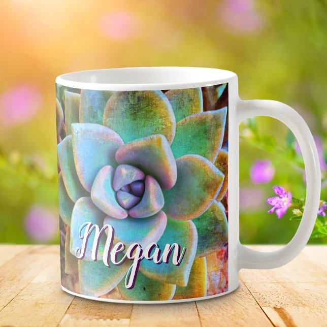 Mug Cactus vert turquoise photo monogramme nom script (Créateur téléchargé)
