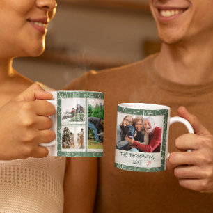Mug Cadeau de famille multi-photos Noël Green Doodles
