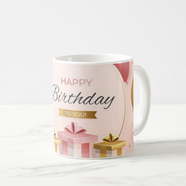 Mug cadeaux d'anniversaire heureux gâteau or rose ball (Devant droit)