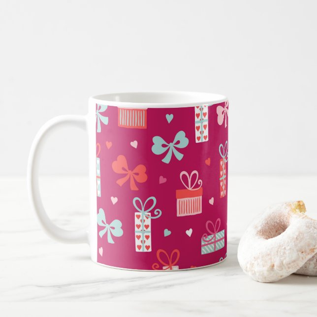 Mug Cadeaux de la Saint-Valentin Bows Coeurs Rose Roug (Avec donut)