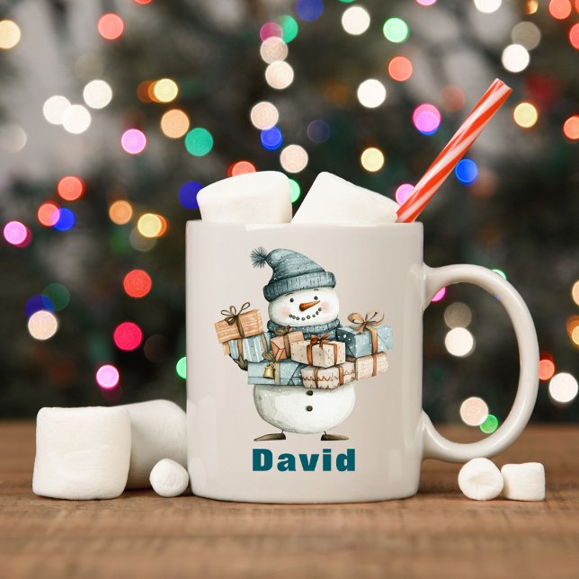 Mug Cadeaux de Noël personnalisés de Snowman (Personalized Snowman Holding Christmas Presents Coffee Mug
)