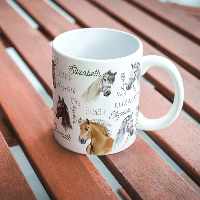 Mug Cadeaux équestres pour filles nom personnalisé (Horse gifts for girls personalized name beautiful horse portraits collage coffee mug)
