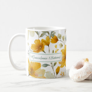 Mug Cadre de nom botanique floral aquarelle jaune 