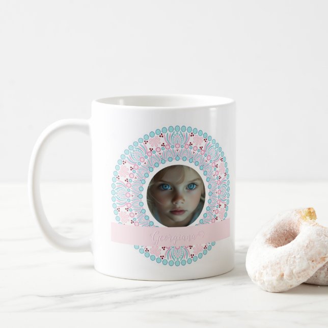 Mug Cadre personnalisé Pastel rose et bleu Mandala (Avec donut)