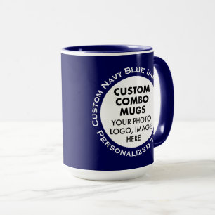 Mug Cadre Rond 2x Texte Photo Grand Navy Combo Personn