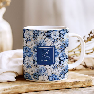 Mug Café Fleurs Bleu Marine Élégant Nom Personnali