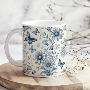 Mug Café Floral et Papillon bleu et blanc Vintage