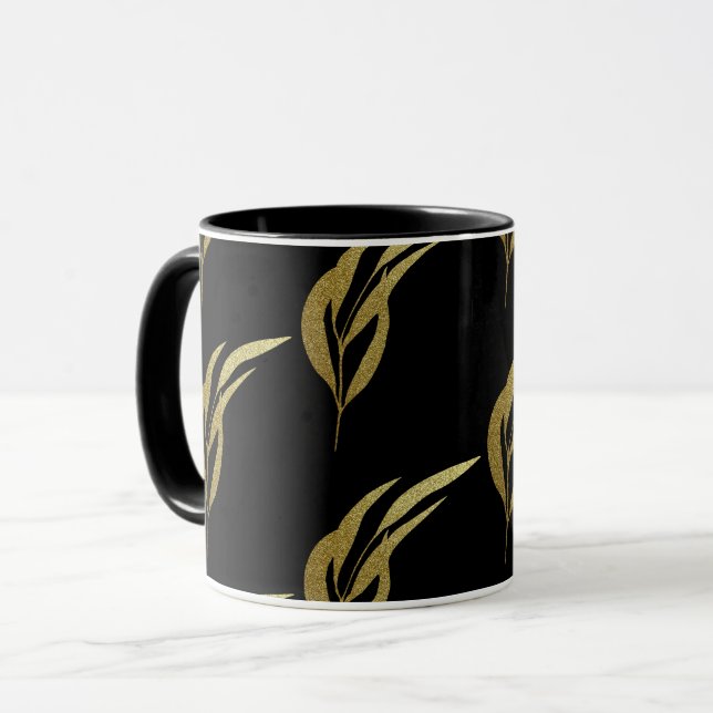 Mug Café Motif à feuilles noires et or (Devant gauche)