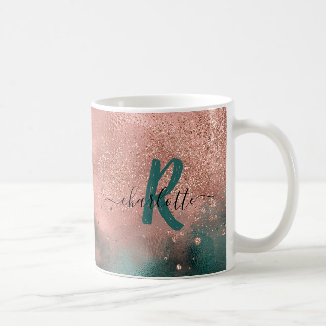 Mug Café Ombre rose Turquoise et doux au monogramme (Droite)
