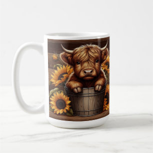 Mug Calf de vache Highland avec tournesol dans le seau
