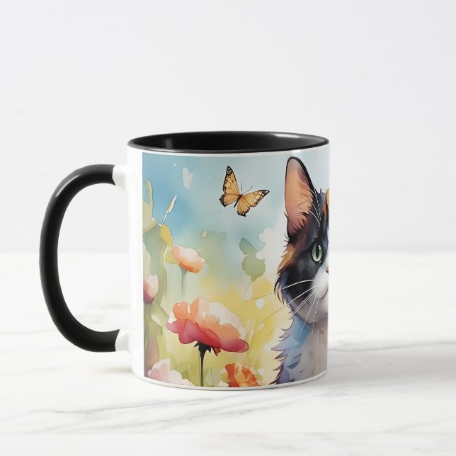 Mug Calico Cat dans le jardin de printemps avec papill (Gauche)