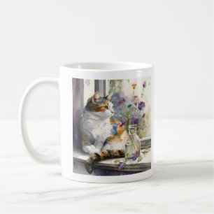 Mug Calico Chat Fleurs violettes Fenêtre Lumière du so
