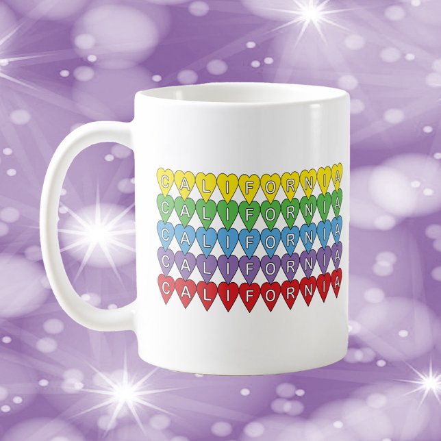 Mug California Colorful Hearts Motif (A mug with the word California in yellow, green, blue, purple and red hearts.)