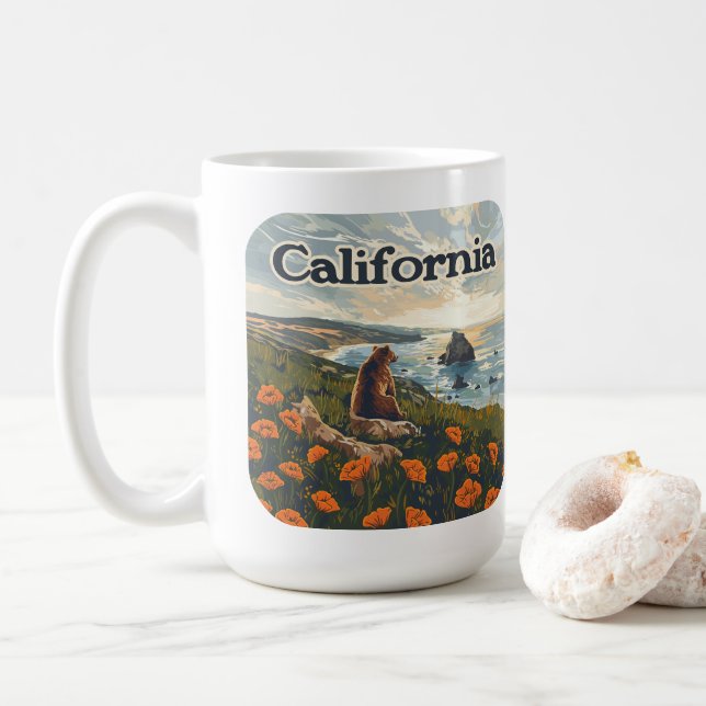 Mug Californie Bear Poppies Fleurs Côte Retro (Avec donut)