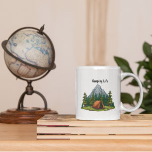 Mug Camping Life, avec une tente dans le sac à dos en