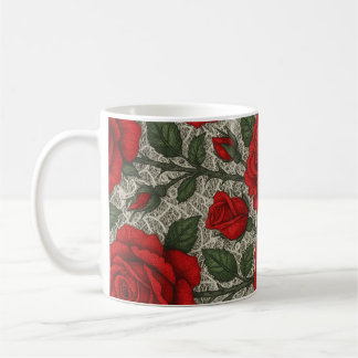 Mug Caneca de café Rosas Vermelhas sobre Renda Branca