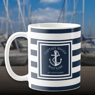 Mug Capitaine et nom du bateau Navy Blue Stripe Anchor