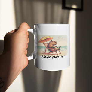 Mug Capybara at beach says: relax, fluffy