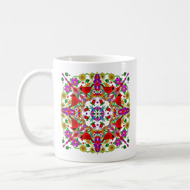 Mug Cardinal rouge et Fleurs colorées Mandala (Gauche)