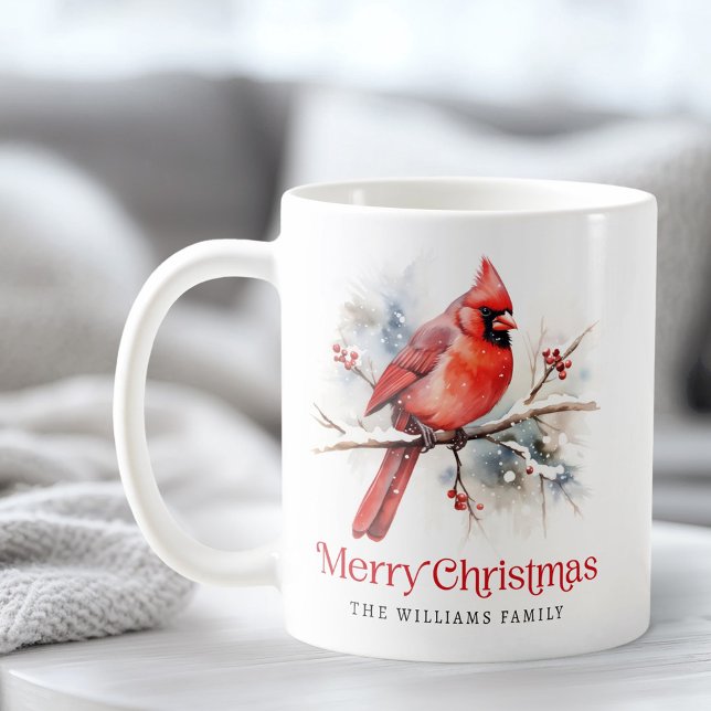 Mug Cardinal rouge sur la branche d'hiver Joyeux nom d (Red cardinal on winter branch Merry Christmas name Coffee Mug)