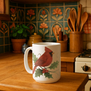 Mug Cardinal Rouge sur Winter Holly & Mistletoe