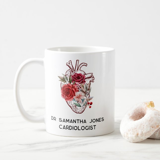 Mug Cardiologue floral du coeur anatomique personnalis (Avec donut)