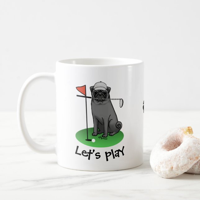 Mug Carlin de golf Jouer Golf (noir) mignon chien drôl (Avec donut)