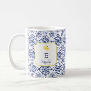 Mug Carreau de monogramme bleu au citron italien Médit