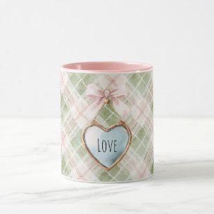 Mug Carreaux Vert Rose Ruban Bleu Or Cœur Amour