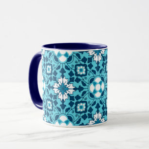 Mug Carrelage marocain floral, Indigo, bleu ciel et bl