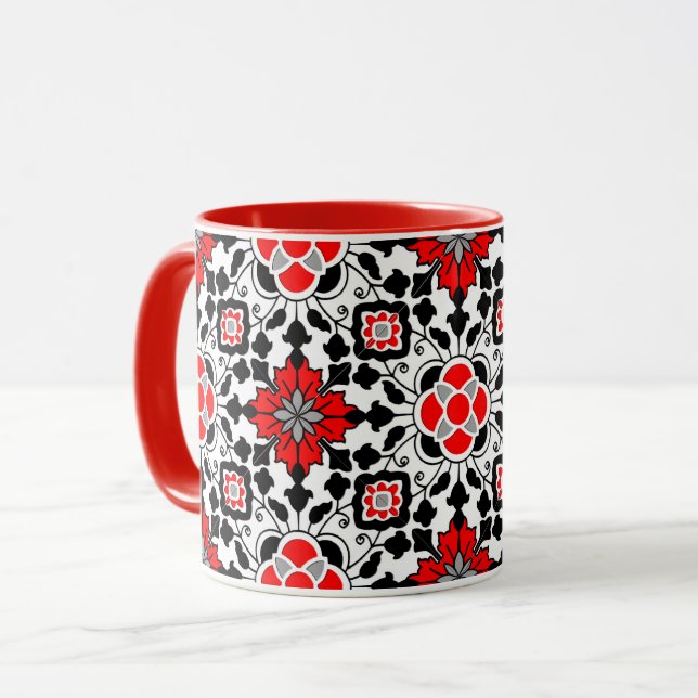 Mug Carrelage marocain floral, rouge profond, noir et  (Devant gauche)