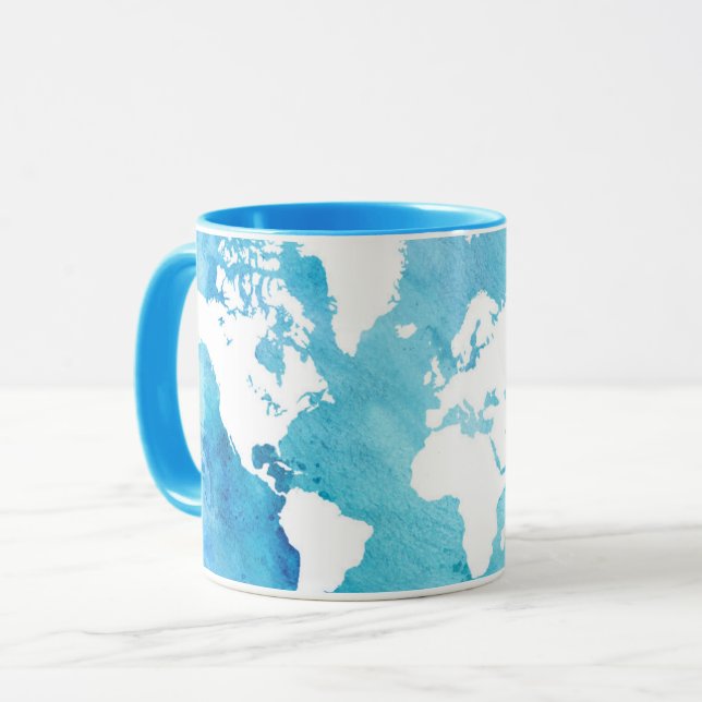 Mug Carte du monde dans des bleus d'aquarelle (Devant gauche)
