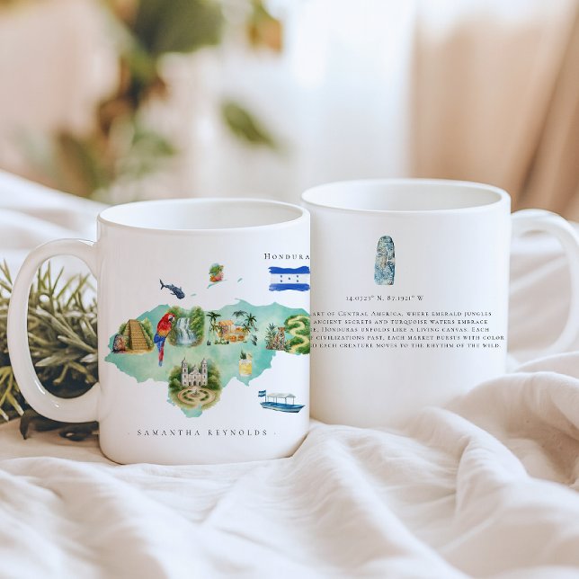 Mug Carte illustrée du Honduras à l'aquarelle | Monogr (Créateur téléchargé)