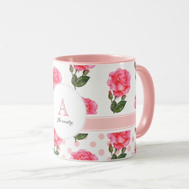 Mug Cercle de monogramme de point Polka Roses Roses Ro (Devant droit)